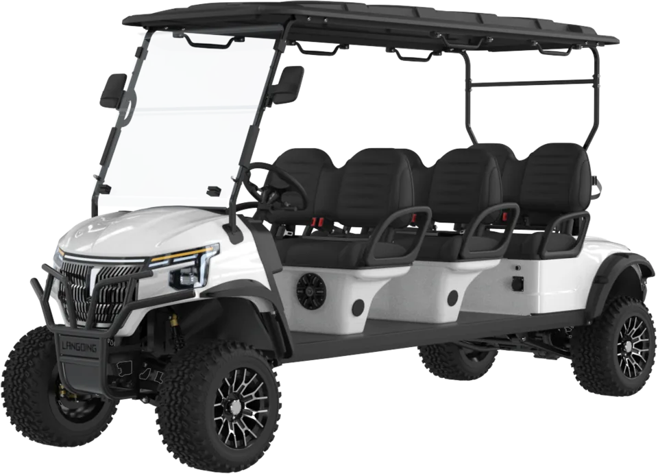 Lifted six-seat electric cart, front three-quarter view